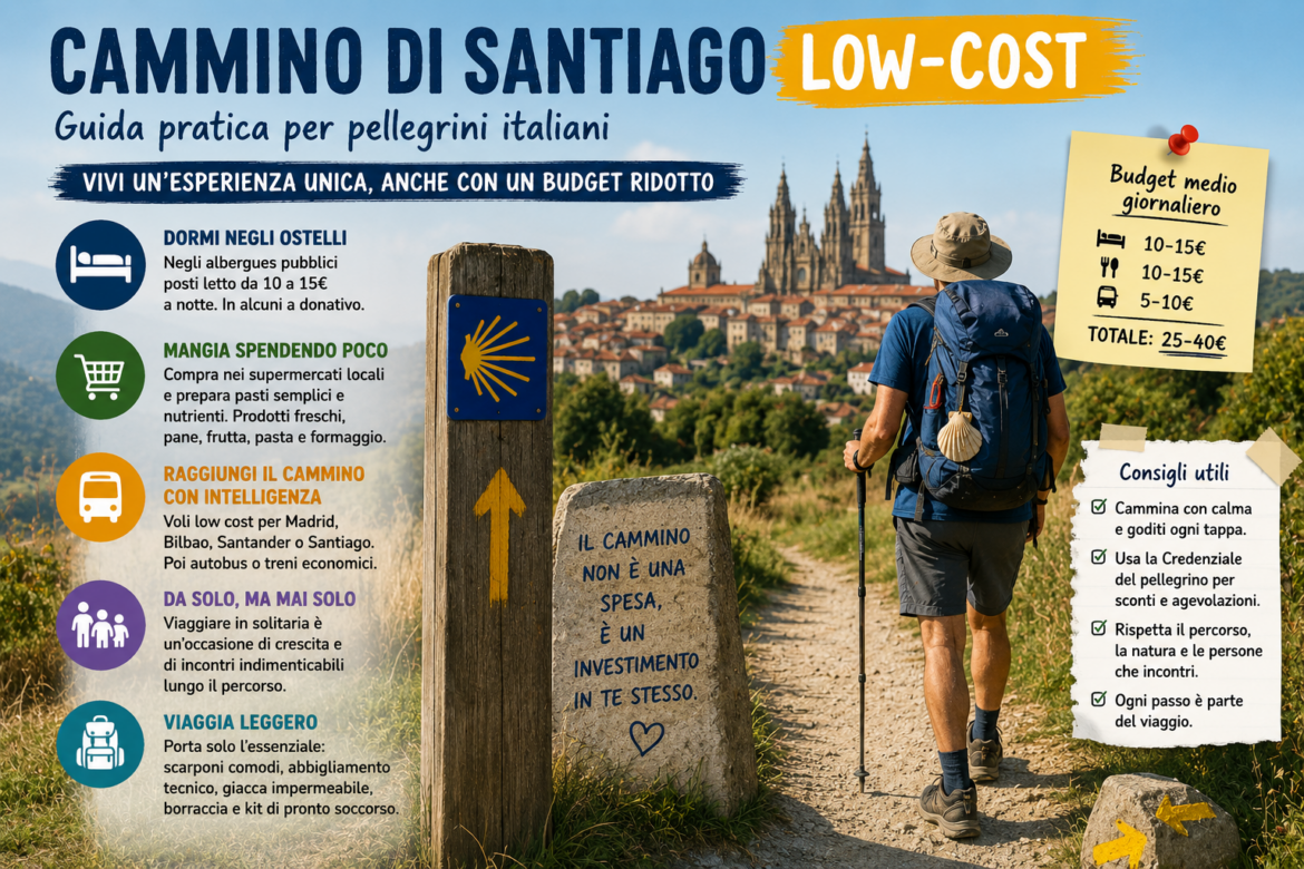 Infographic poster titled 'Cammino di Santiago Low-Cost' with a hiker along a trail and budget tips for Italian pilgrims in Italian.