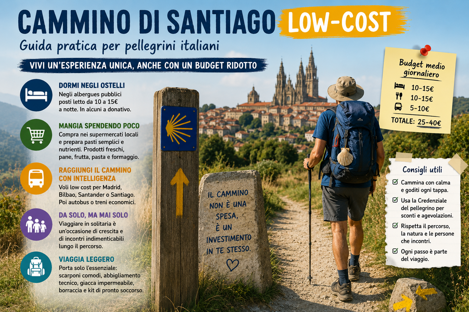 Infographic poster titled 'Cammino di Santiago Low-Cost' with a hiker along a trail and budget tips for Italian pilgrims in Italian.