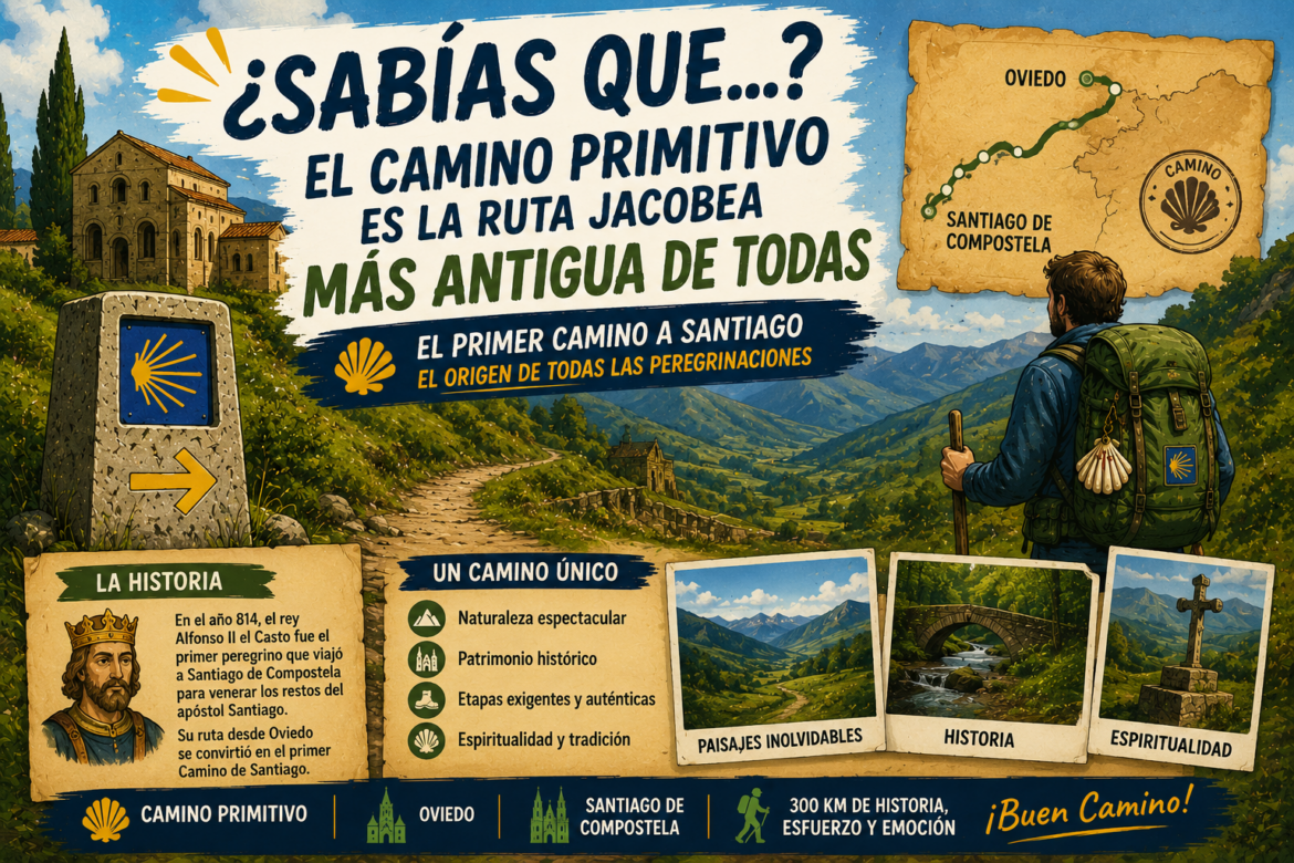 Colorful poster about the Camino Primitivo to Santiago, featuring a hiker with a backpack, a map and scenic landscape in Spain, with bold Spanish headings about the route's history and origin.