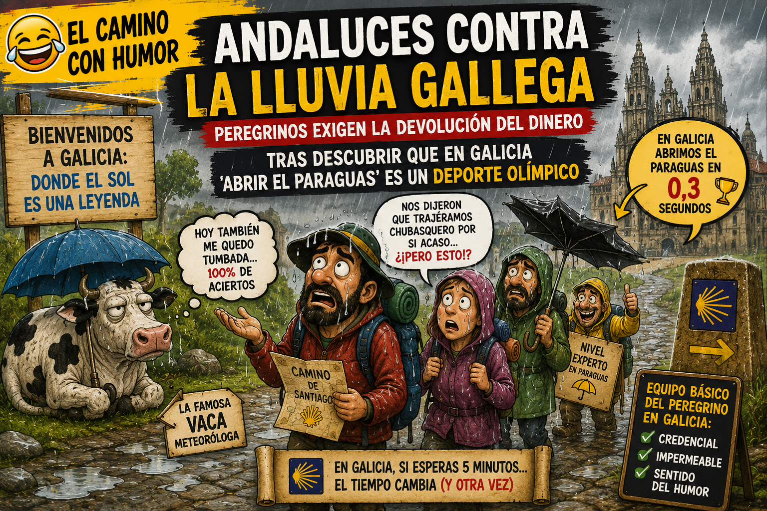 Cartel humorístico sobre peregrinos en Galicia enfrentando la lluvia, con señal de bienvenida y una vaca con paraguas a la izquierda.