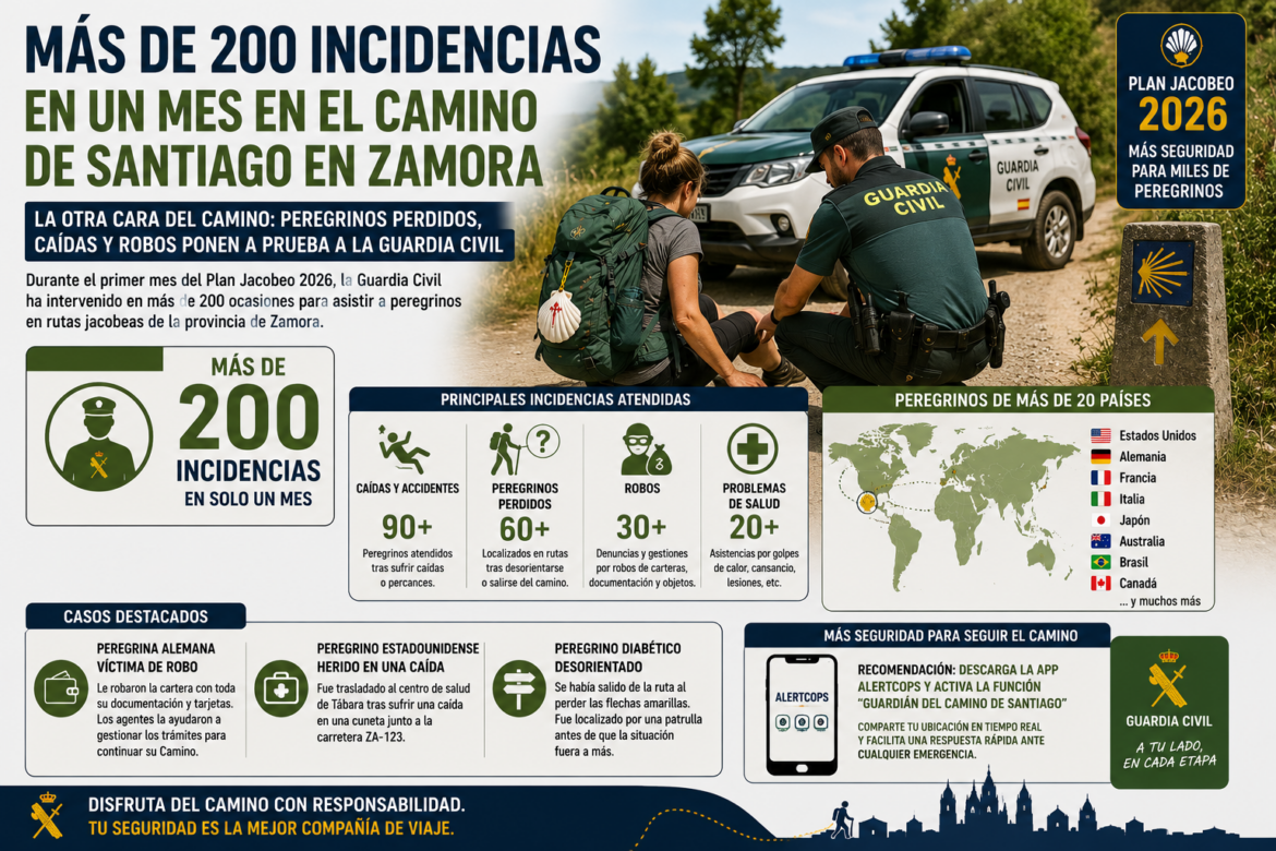 Infografía en español sobre el Plan Jacobeo 2026 para la ruta de Santiago: más de 200 incidencias en un mes, con la Guardia Civil atendiendo peregrinos junto a un vehículo policial.