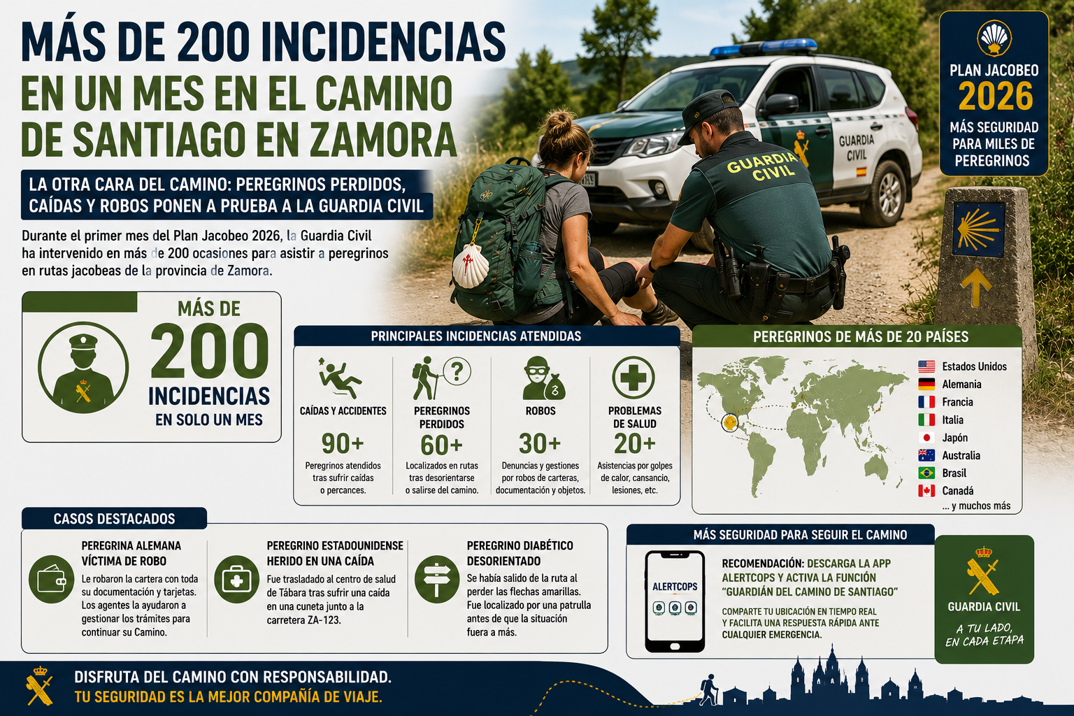 Infografía en español sobre el Plan Jacobeo 2026 para la ruta de Santiago: más de 200 incidencias en un mes, con la Guardia Civil atendiendo peregrinos junto a un vehículo policial.