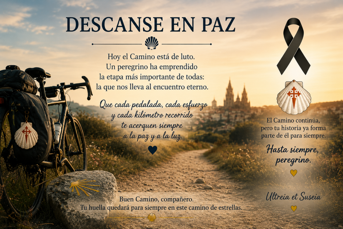 Sunset on the Camino with a touring bicycle beside a memorial banner that reads 'Descanse en paz', a scallop shell, a black ribbon, and inspirational verses along a sunlit path.