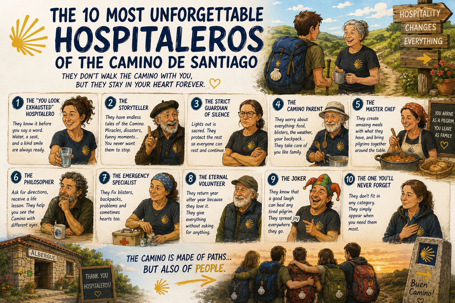 Infographic titled 'The 10 most unforgettable hospitaleros of the Camino de Santiago,' featuring 10 illustrated volunteers each with a short caption (the Exhausted Hospitaller, the Storyteller, the Guardian of Silence, the Camino Parent, the Master Chef, the Philosopher, the Emergency Specialist, the Eternal Volunteer, the Joker, and the One You'll Never Forget) and a group of pilgrims at the bottom, with Camino signs and a warm, communal scene.