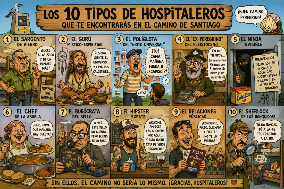 Comic infographic: ten caricatured hostel workers along the Camino de Santiago under the title 'Los 10 tipos de hospitaleros'. Summary captions per panel visible.