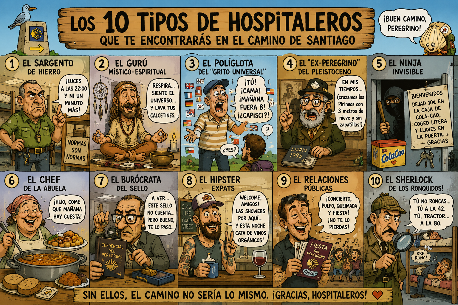 Comic infographic: ten caricatured hostel workers along the Camino de Santiago under the title 'Los 10 tipos de hospitaleros'. Summary captions per panel visible.