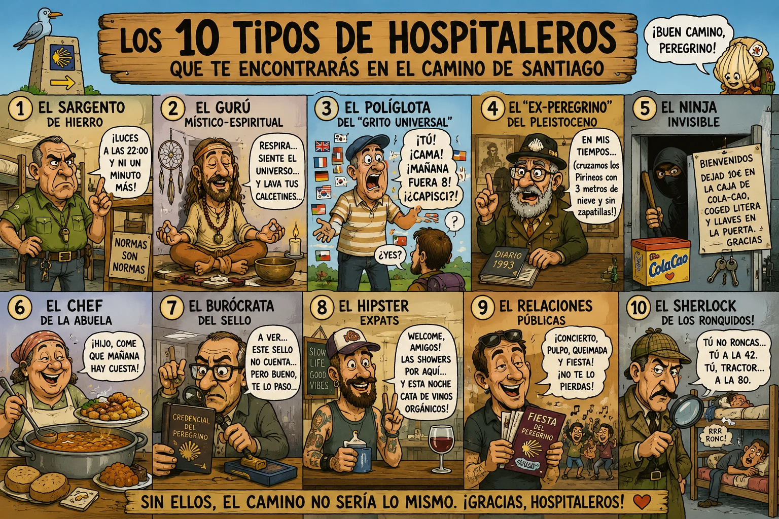 Comic infographic: tingues caricatured hostel workers along the Camí de Santiago under the title 'Els 10 tipus d'hospitalers'. Summary captions per panell visible.
