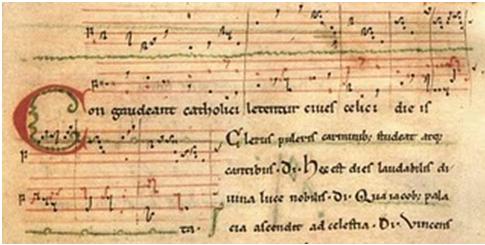 Medieval chant manuscript page with musical neumes, Latin text, and a large red illuminated initial C.