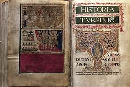 Open antique manuscript showing an illuminated page with Latin text and decorative initials on the right side.