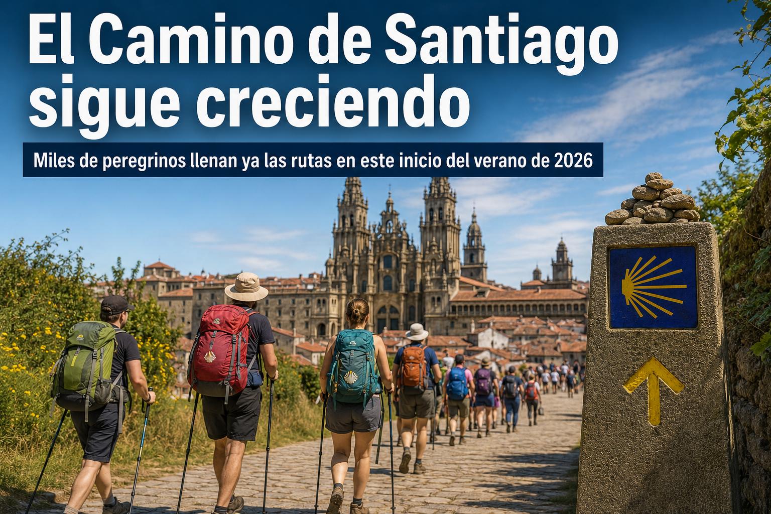 Grupo de peregrinos con mochilas caminan por un sendero de piedra hacia una catedral en el centro, bajo un cielo azul.