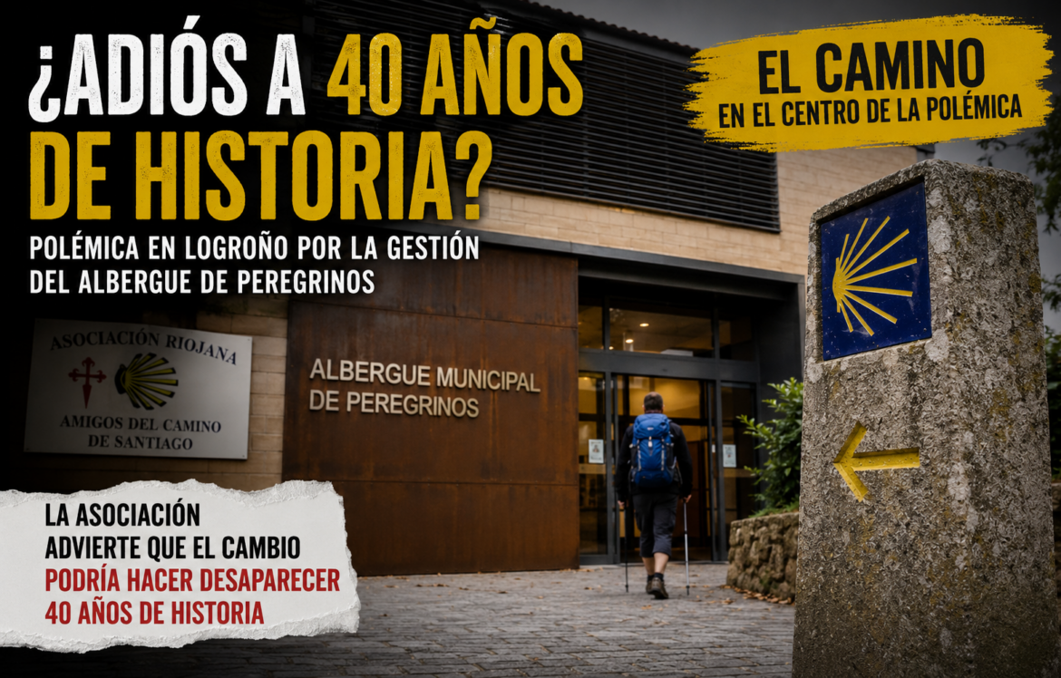 Cartel publicitario en español que pregunta '¿Adiós a 40 años de historia?' frente al Albergue Municipal de Peregrinos; un caminante con mochila se dirige a la entrada.