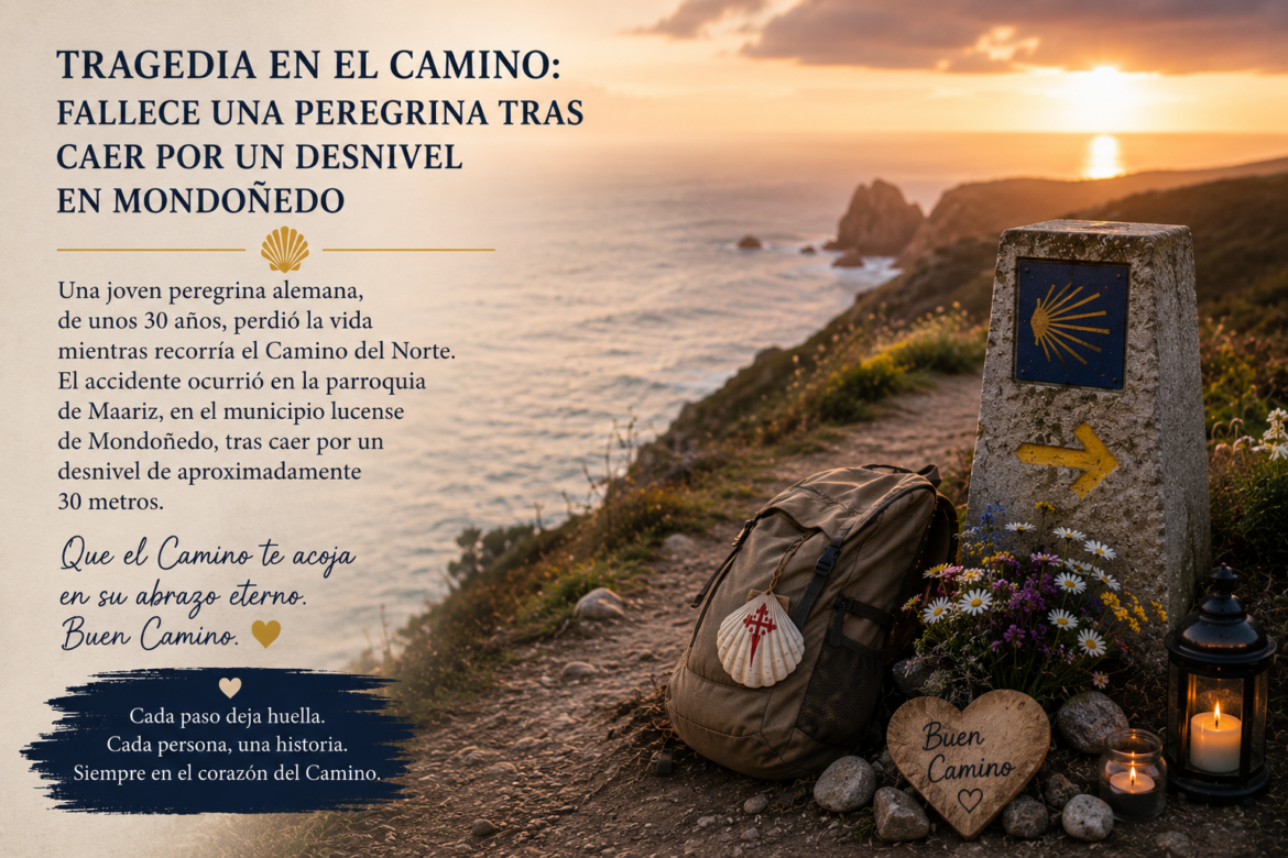 Memorial scene along the Camino de Santiago at sunset: backpack, shell charm, flowers, candles, and a yellow-arrow milestone marker by the coast. The left side shows Spanish tribute text.