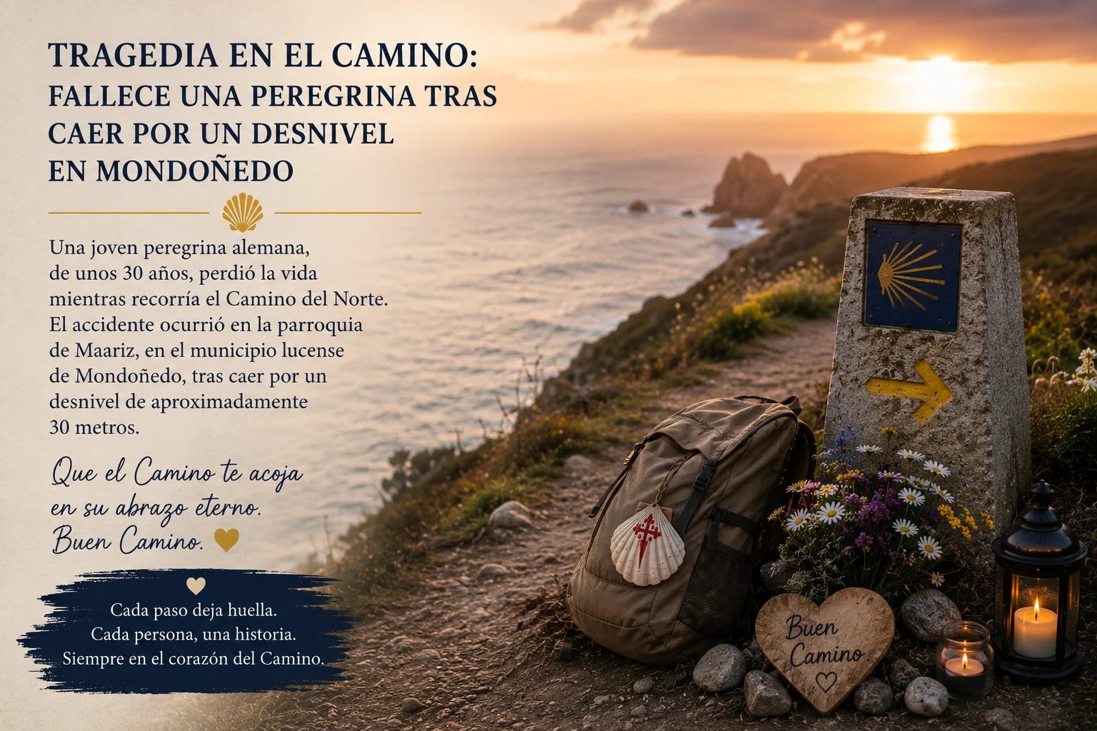 Escena conmemorativa ao longo do Camiño de Santiago ao pór do sol: mochila, amuleto de cunchas, flores, velas e un marcador de frecha amarela ao longo da costa. O lado esquerdo mostra un texto de homenaxe en español.