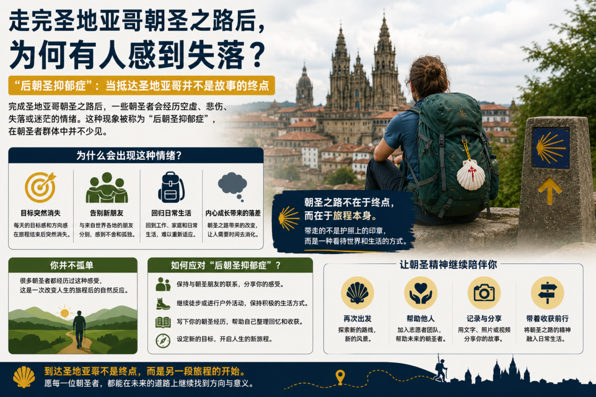 背包客坐在山坡上仰望圣地亚哥朝圣路线终点的城镇与教堂，海报式科普内容。 含标题“后朝圣抑郁症”等信息。