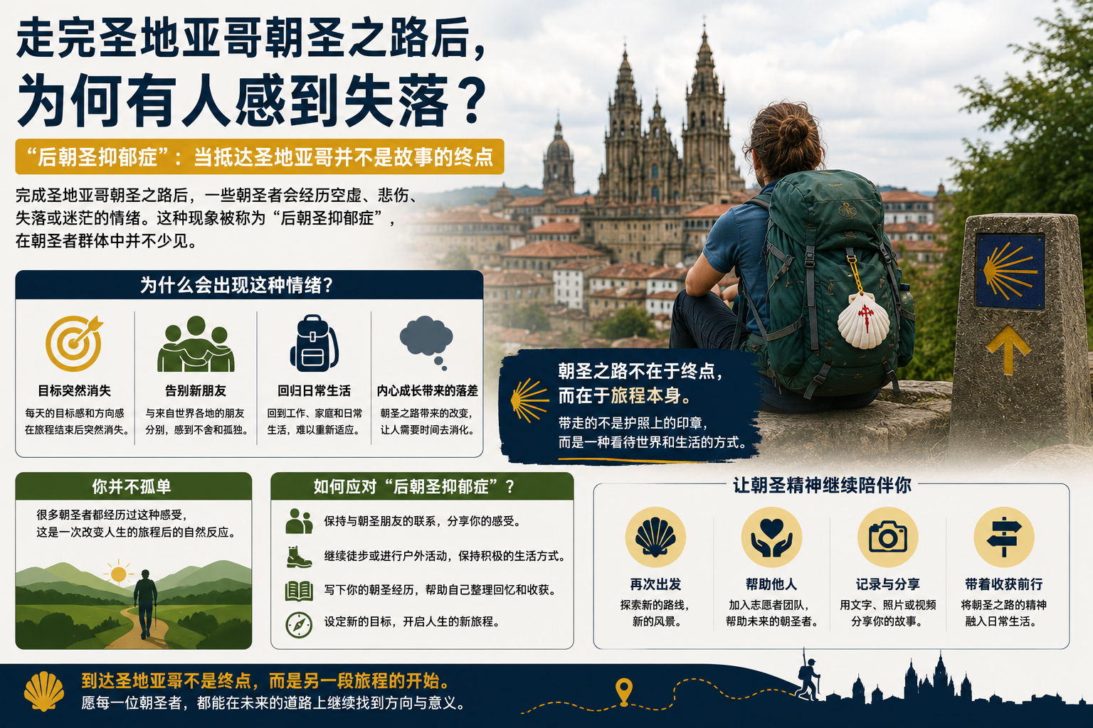 背包客坐在山坡上仰望圣地亚哥朝圣路线终点的城镇与教堂，海报式科普内容。 含标题“后朝圣抑郁症”等信息。