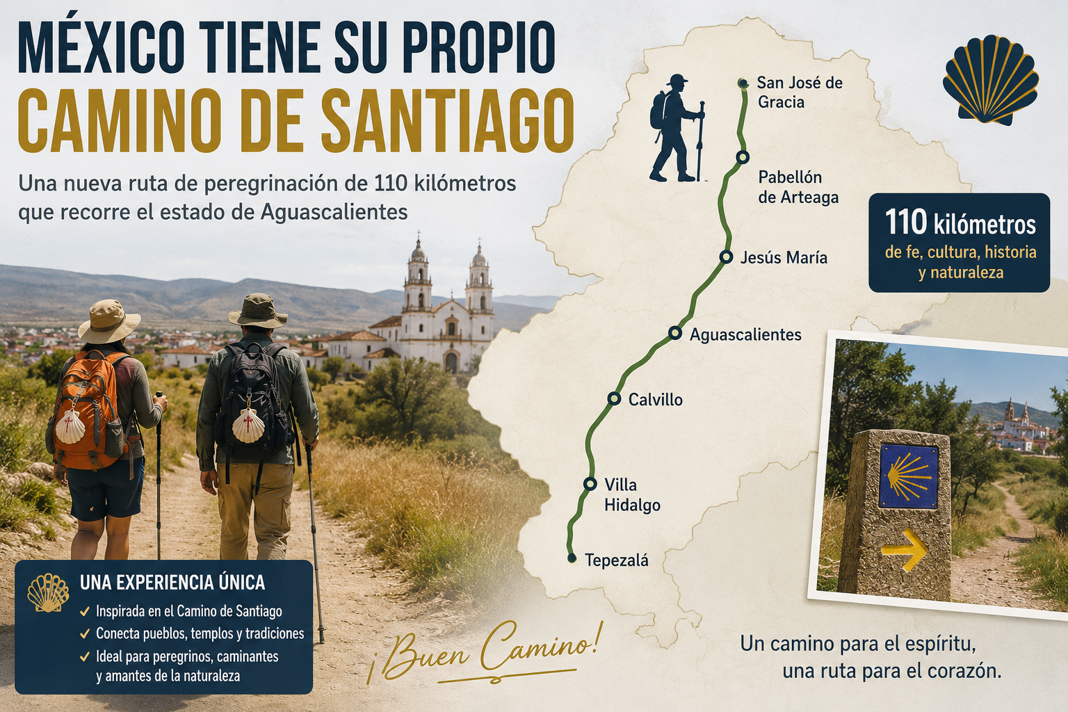 Promotional poster for Mexico's Camino de Santiago, showing a mapped route with hikers and key towns, plus a 110 kilómetros message and shell icon.