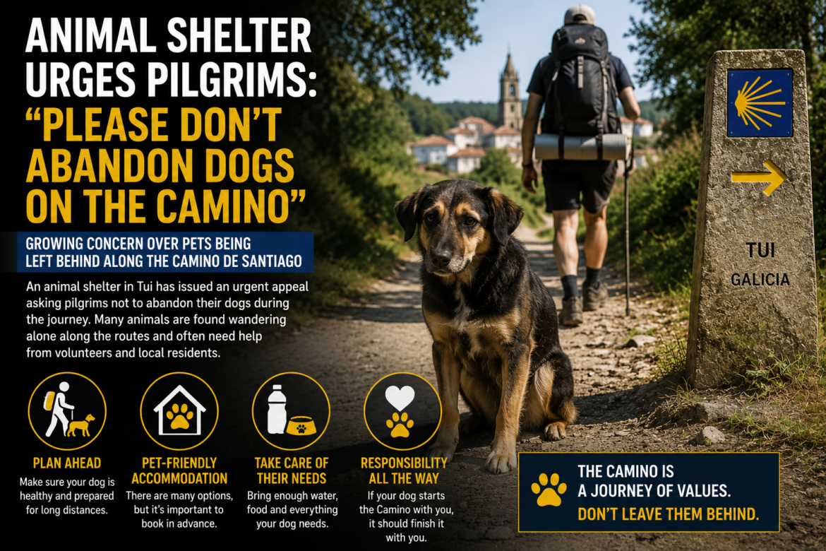 Poster-style image: dog on a trail with a hiker, urging pilgrims not to abandon dogs on the Camino de Santiago.