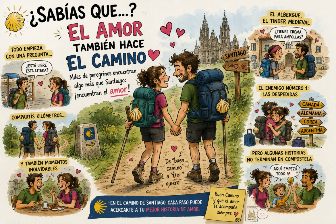 Couple backpacking along the Camino de Santiago, holding hands, with colorful captions about love guiding their journey and travel scenes around them.