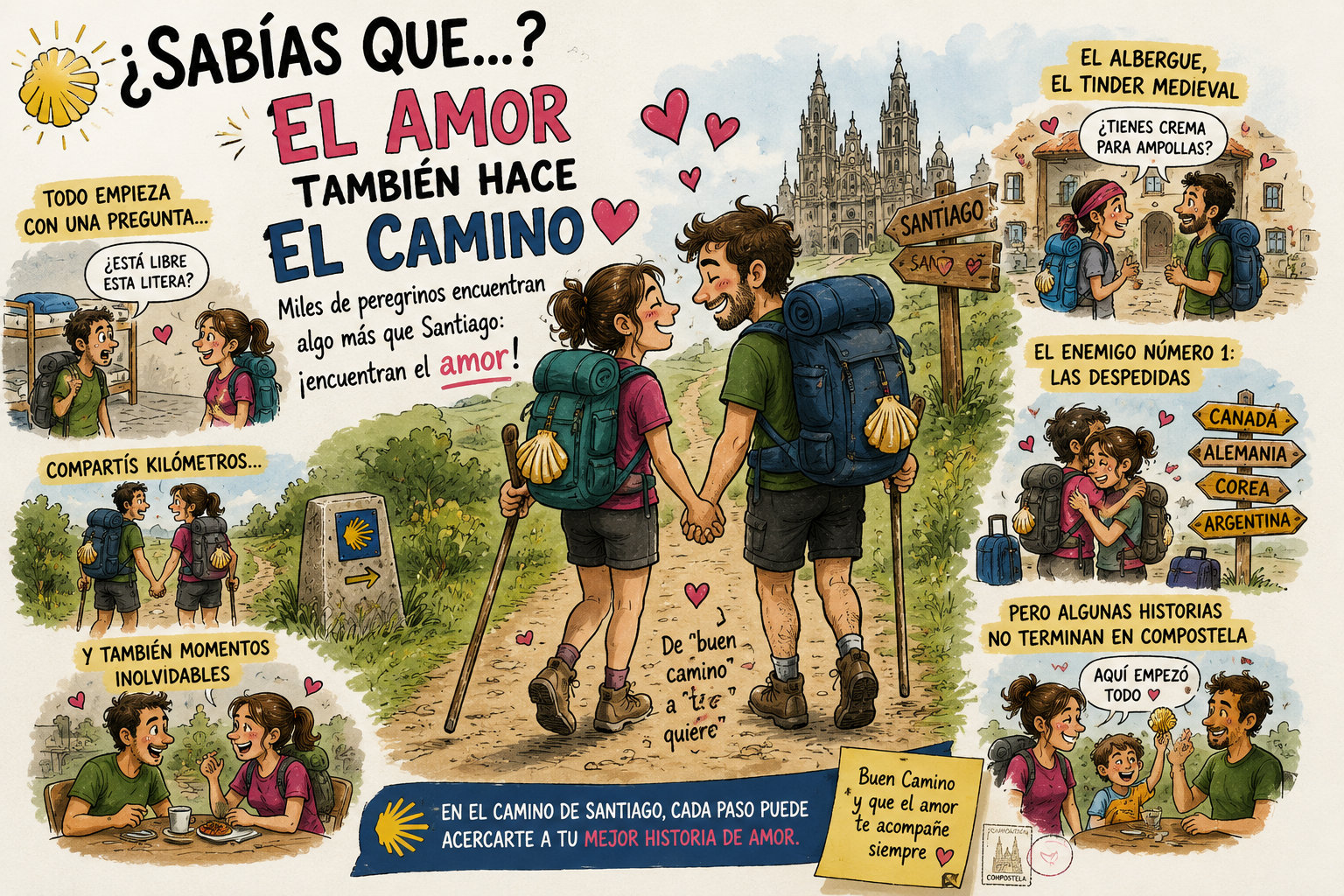 Couple backpacking along the Camino de Santiago, holding hands, with colorful captions about love guiding their journey and travel scenes around them.