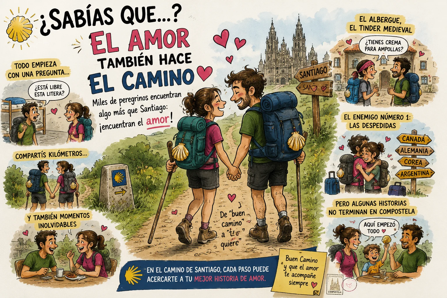 Couple backpacking along the Camino de Santiago, holding hands, with colorful captions about love guiding their journey and travel scenes around them.