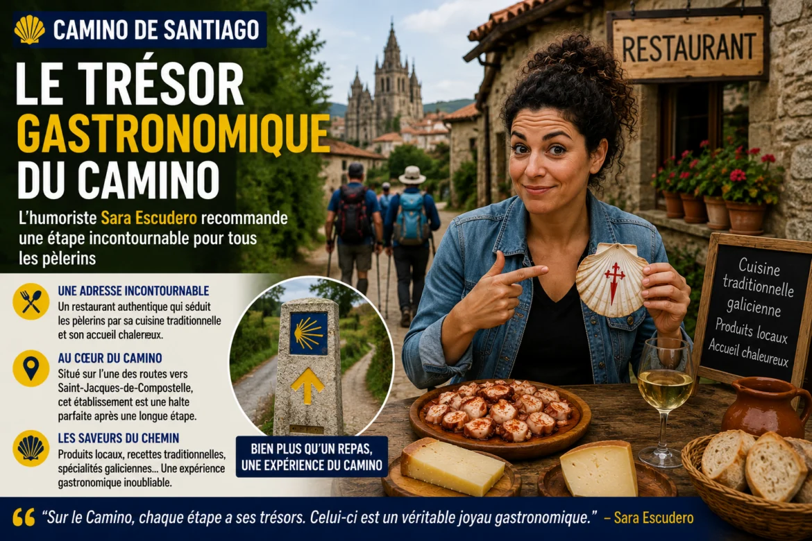 Promotional Camí de Santiago pòster: a woman at a rústic outdoor table with cheese, wine, ia shell badge, advertising 'Le Trésor Gastronomique du Camino'.