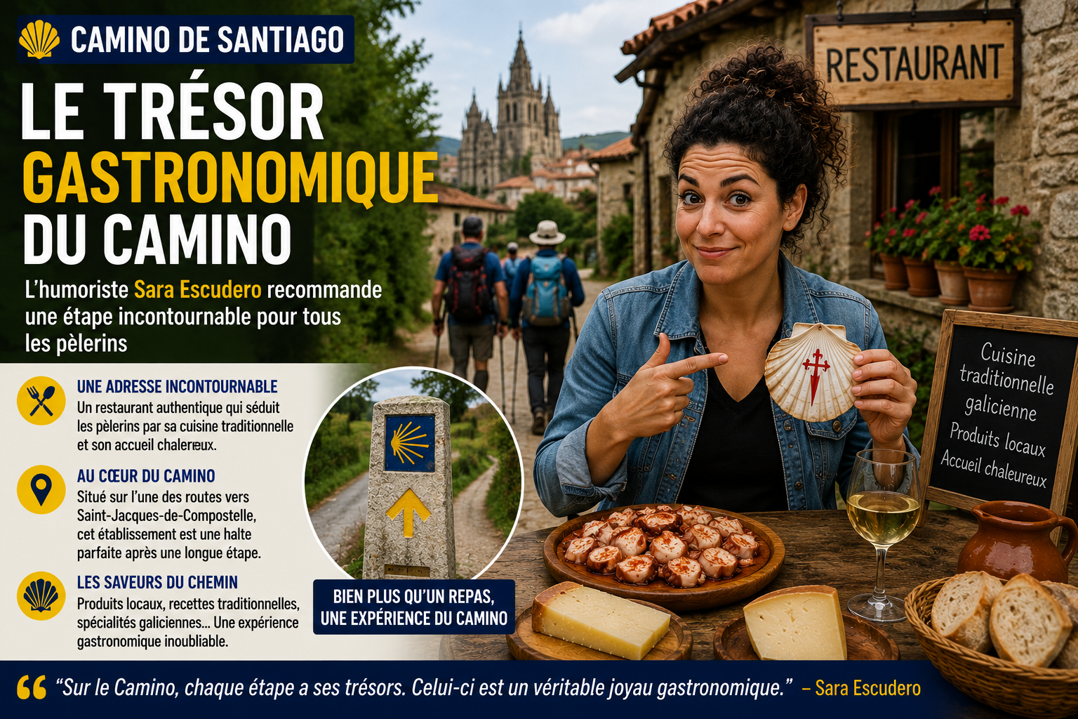 Promotional Camino de Santiago poster: a woman at a rustic outdoor table with cheese, wine, and a shell badge, advertising 'Le Trésor Gastronomique du Camino'.