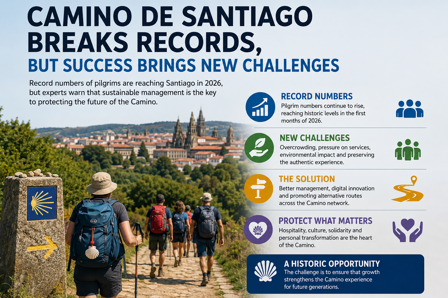 Hikers with backpacks walk along a Camino path toward a historic town, beside a large title and bullet icons about the Camino de Santiago.