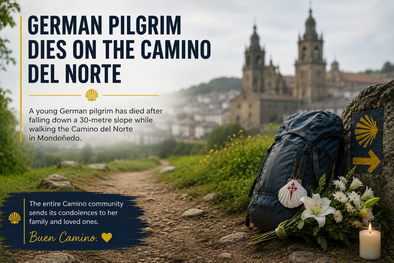 Headlines about a German pilgrim dying on the Camino del Norte; a backpack with flowers and a lit candle sits on a dirt path beside a scallop shell marker in a rural landscape.