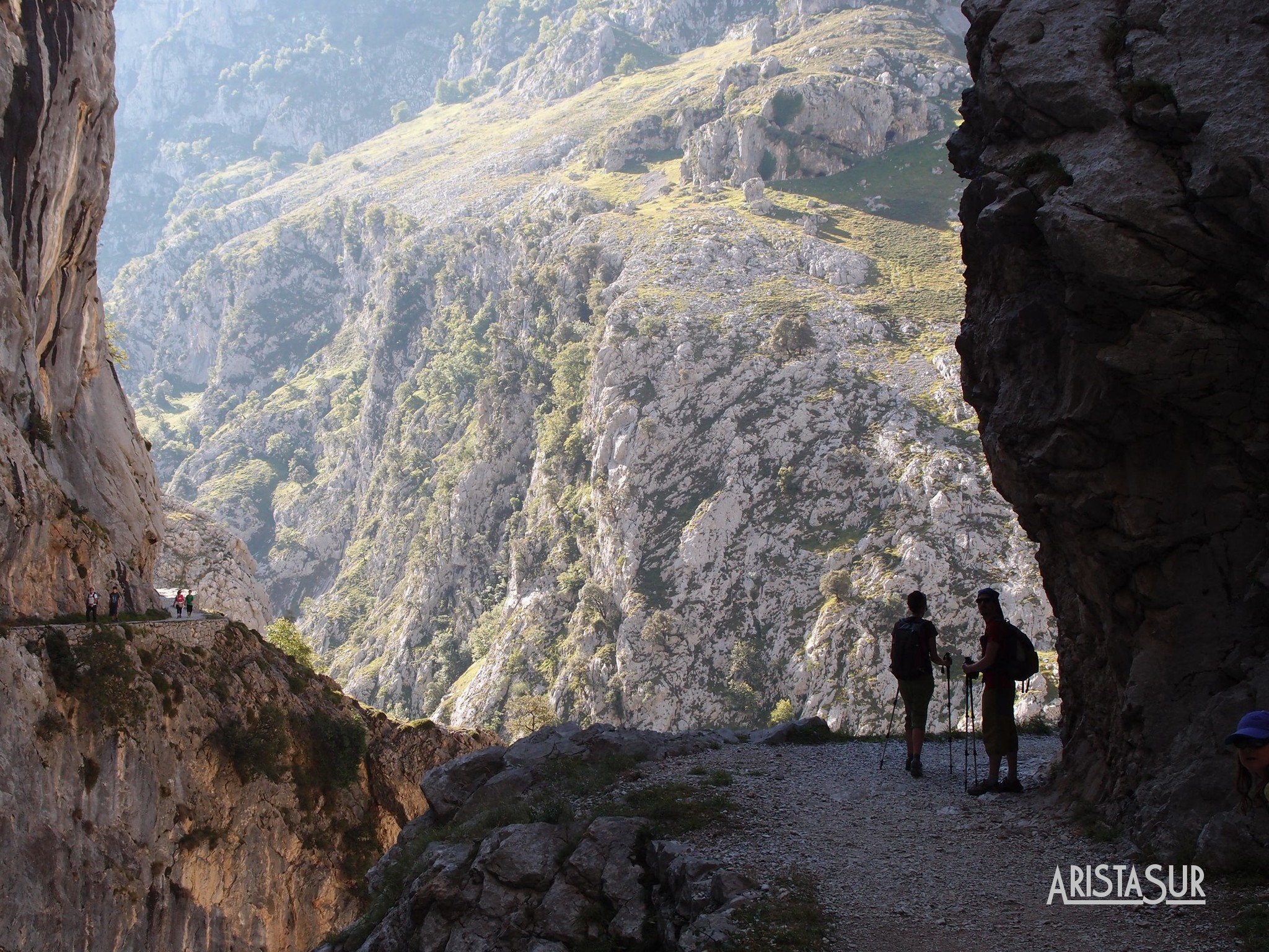 Hikers with trekking poles walk along a rocky canyon trail between towering cliff faces. lightweight sunlight highlights the valley ahead.
