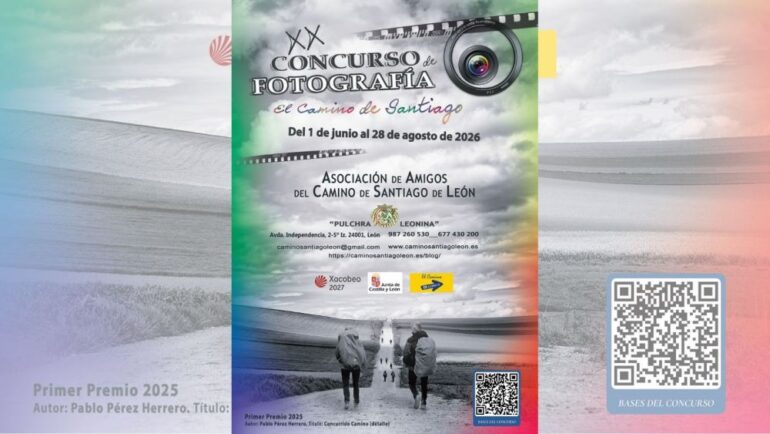 Poster for XX Concurso de Fotografía 'El Camino de Santiago' featuring a camera lens, film strip, and walkers on a path with a pastel background; includes dates (1 de junio–28 de agosto de 2026) and a QR code on the right.