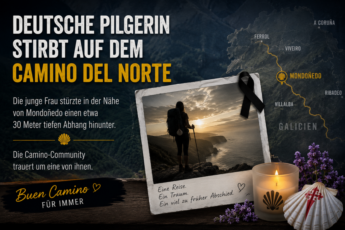 Poster zur Camino‑Route Camino del Norte: Deutsche Pilgerin stirbt dort; Hintergrundkarte, eingerahmtes Foto einer Wandererin am Meer, Kerze, Muscheln und Lavendel als Trauermotiv.