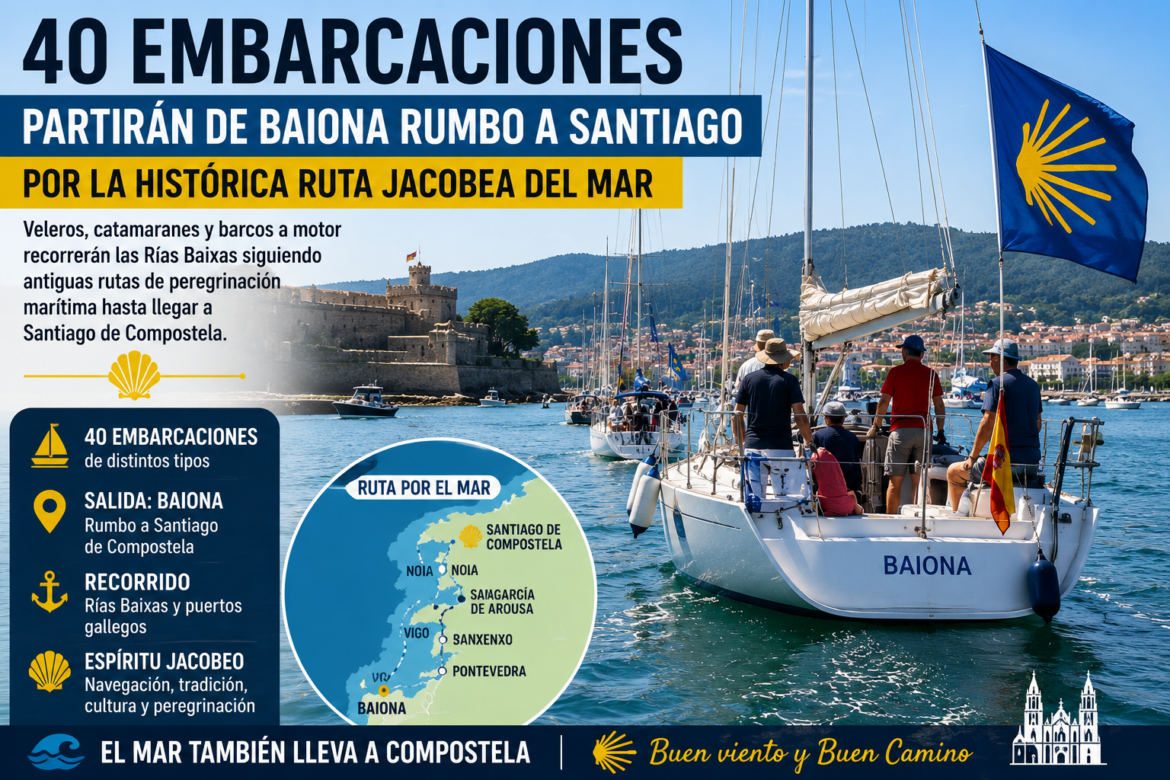 Cartel turístico en Baiona anunciando 40 embarcaciones rumbo a Santiago, con barcos en el puerto y bandera azul con sol amarillo al viento.