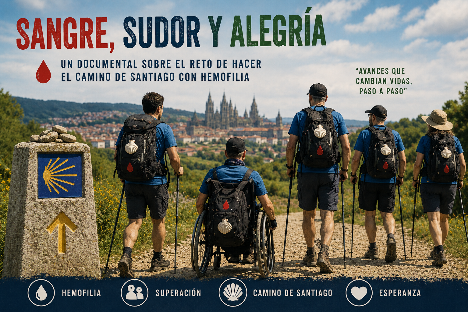 Group of hikers in blue shirts with backpacks, including a person in a wheelchair, looking toward a cathedral city in the distance.