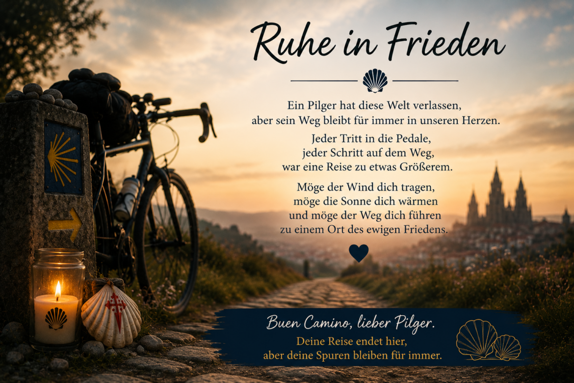 Sunset scene along a cobbled path with a parked bicycle, a lit candle in a jar, and seashells, carrying a memorial message for a pilgrim.