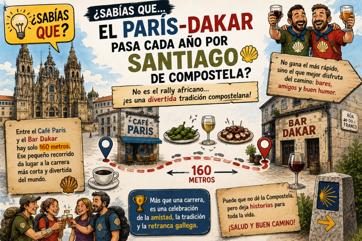 Infografía sobre la ruta París–Dakar hacia Santiago de Compostela, con la distancia 160 metros y viajeros brindando.