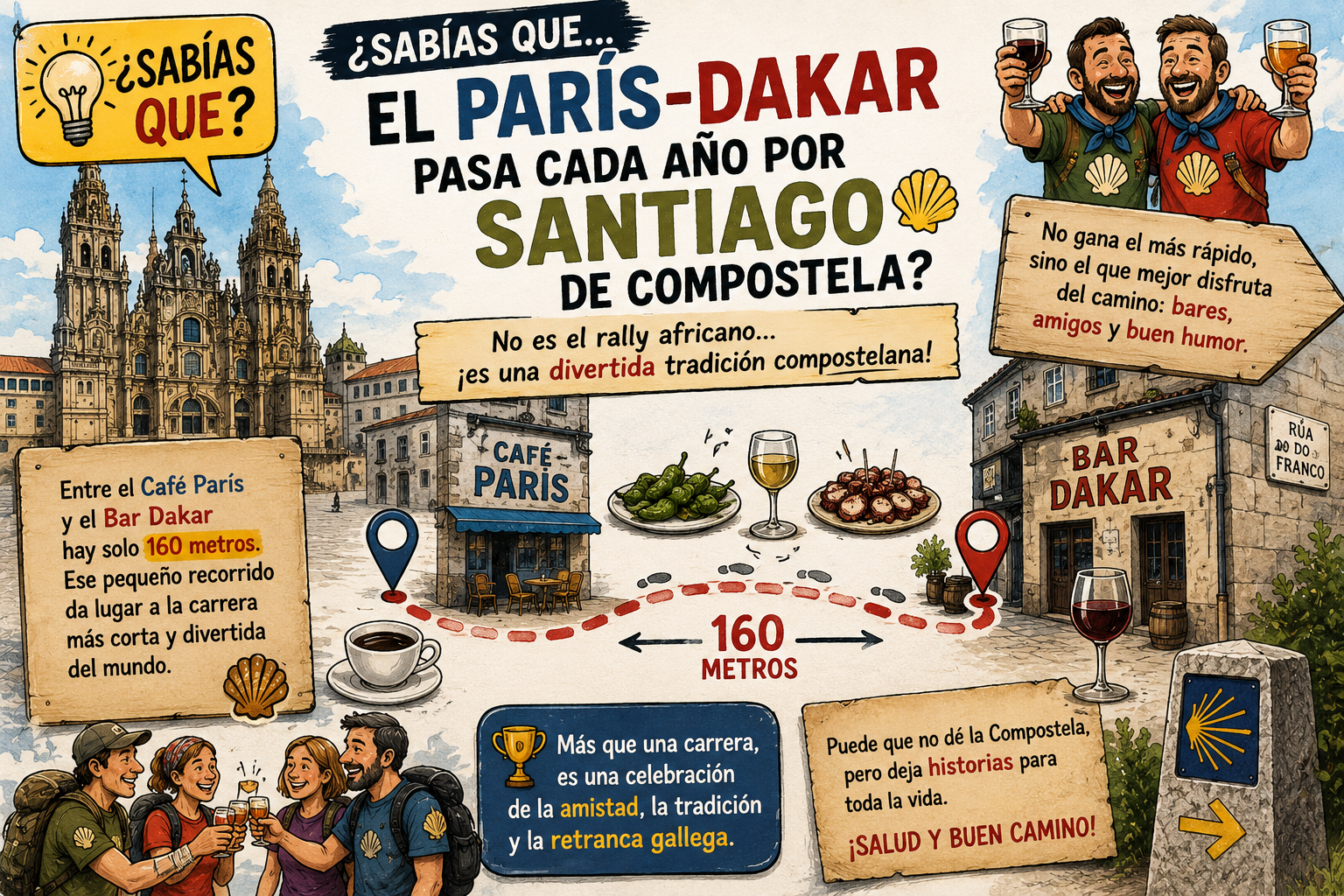 Infografía sobre la ruta París–Dakar hacia Santiago de Compostela, con la distancia 160 metros y viajeros brindando.