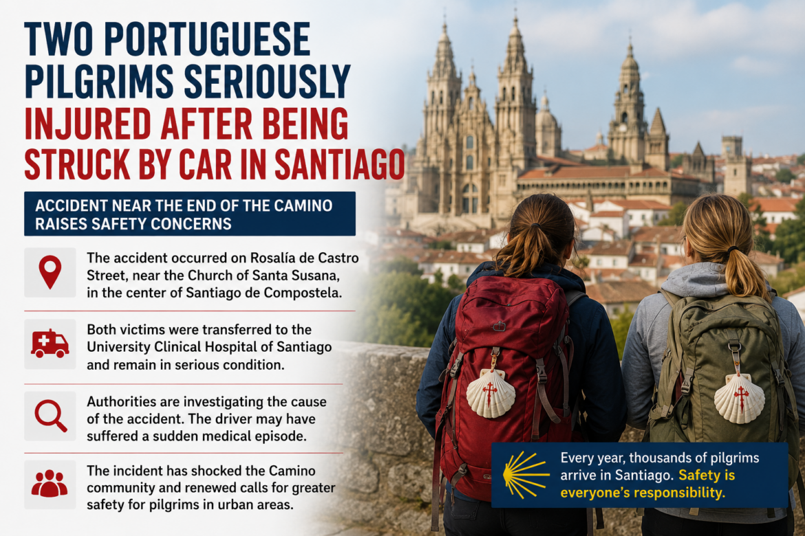 Infographic-style headline about two Portuguese pilgrims injured after a car crash in Santiago; left side lists incident details against a city backdrop.