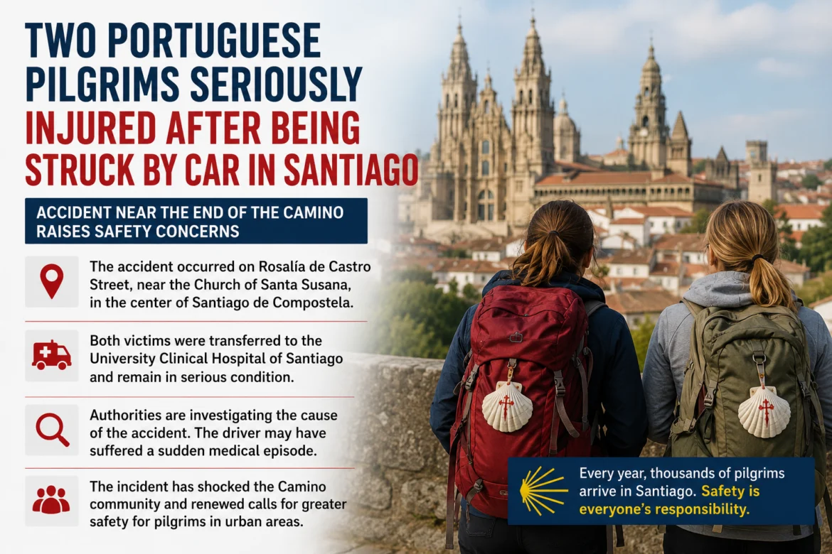 Infographic-style headline about two Portuguese pilgrims injured after a car crash in Santiago; left side lists incident details against a city backdrop.