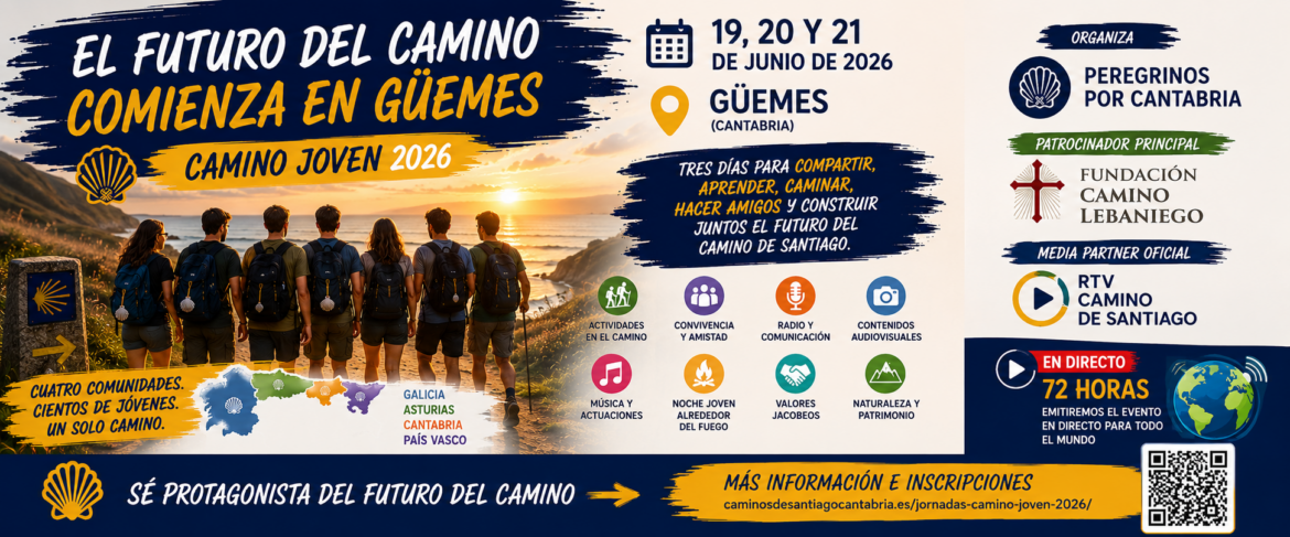 Cartel promocional del Camino Joven 2026 en Güemes (Cantabria), 19–21 de junio; jóvenes con mochilas frente al atardecer.