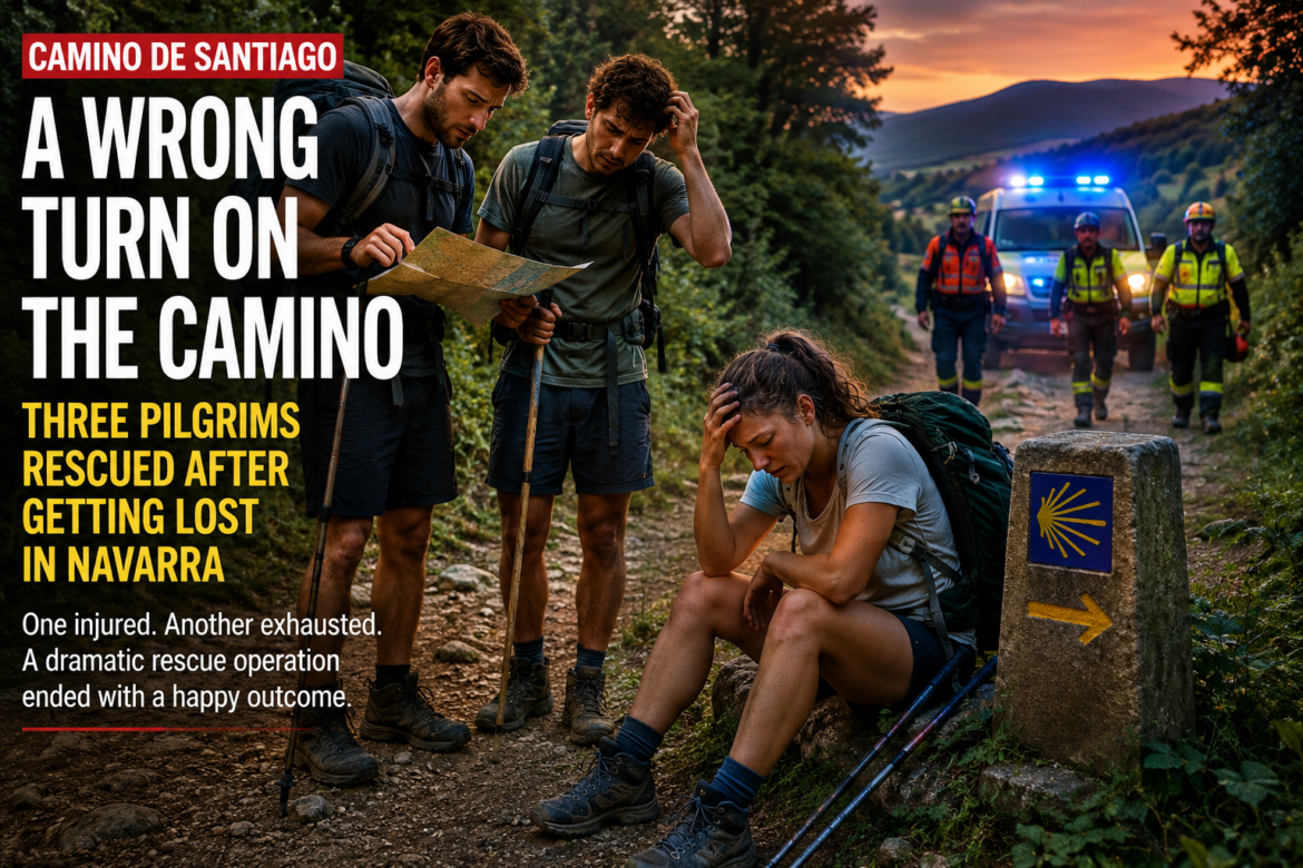 Three hikers with backpacks study a map on a forest trail while a tired woman sits distressed nearby; emergency responders and a patrol vehicle appear in the background by a camino marker.