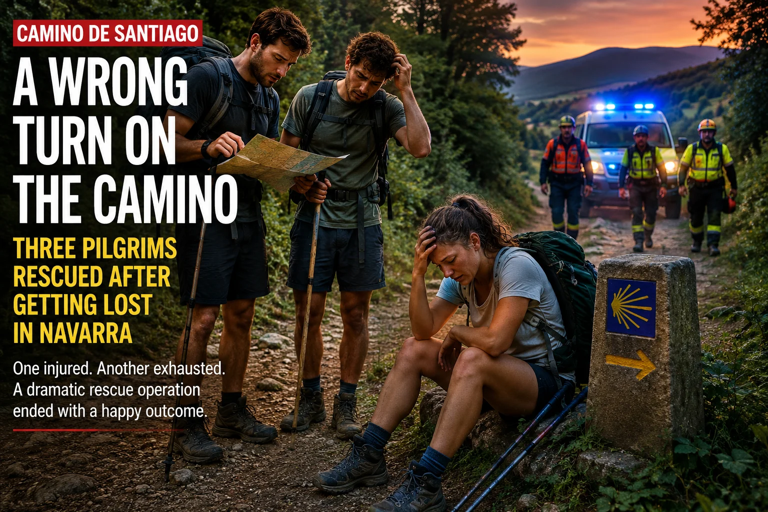 Tre escursionisti con zaini studiano una mappa su un sentiero nel bosco mentre una donna stanca siede angosciata nelle vicinanze; i soccorritori e un veicolo di pattuglia compaiono sullo sfondo accanto a un segnale stradale.