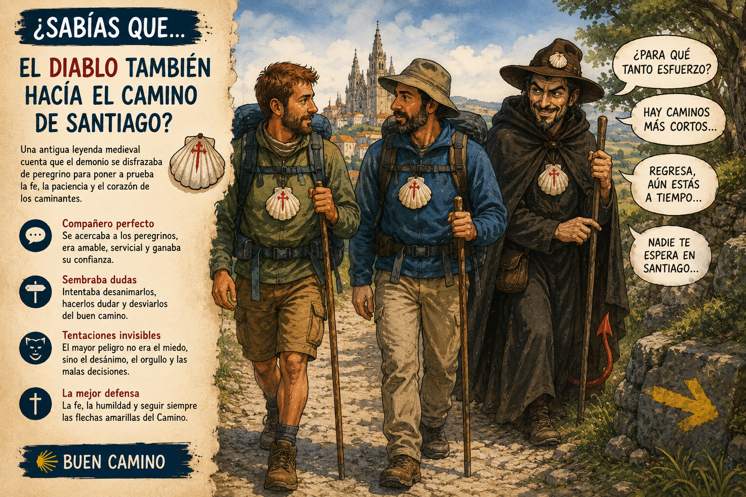 Three hikers walk a cobblestone path with a cloaked monk on the right; left panel asks “¿Sabías que…?” and shares Camino de Santiago tips in Spanish.