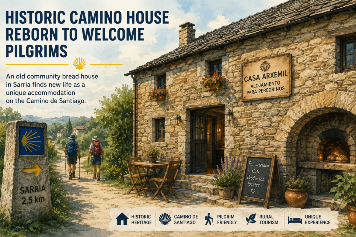 Stone historic house with a lit doorway and potted plants, two pilgrims walking along a stone path toward the Camino de Santiago in a rural setting.