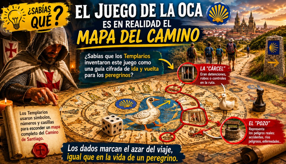 Infografía en español que presenta el Camino de Santiago como un juego de la Oca, con peregrinos y símbolos en un gran tablero.