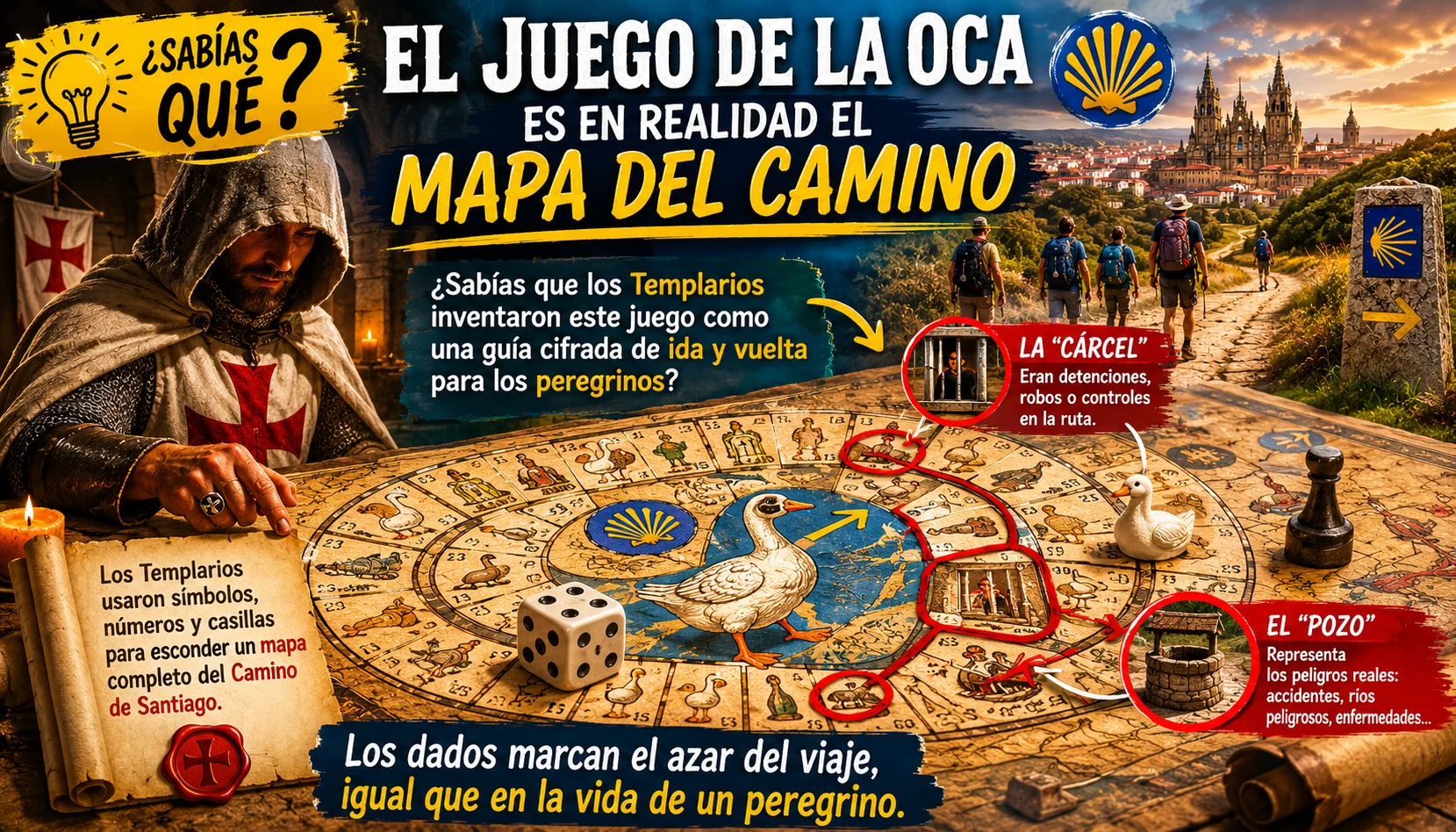 Infografía en español que presenta el Camino de Santiago como un juego de la Oca, con peregrinos y símbolos en un gran tablero.