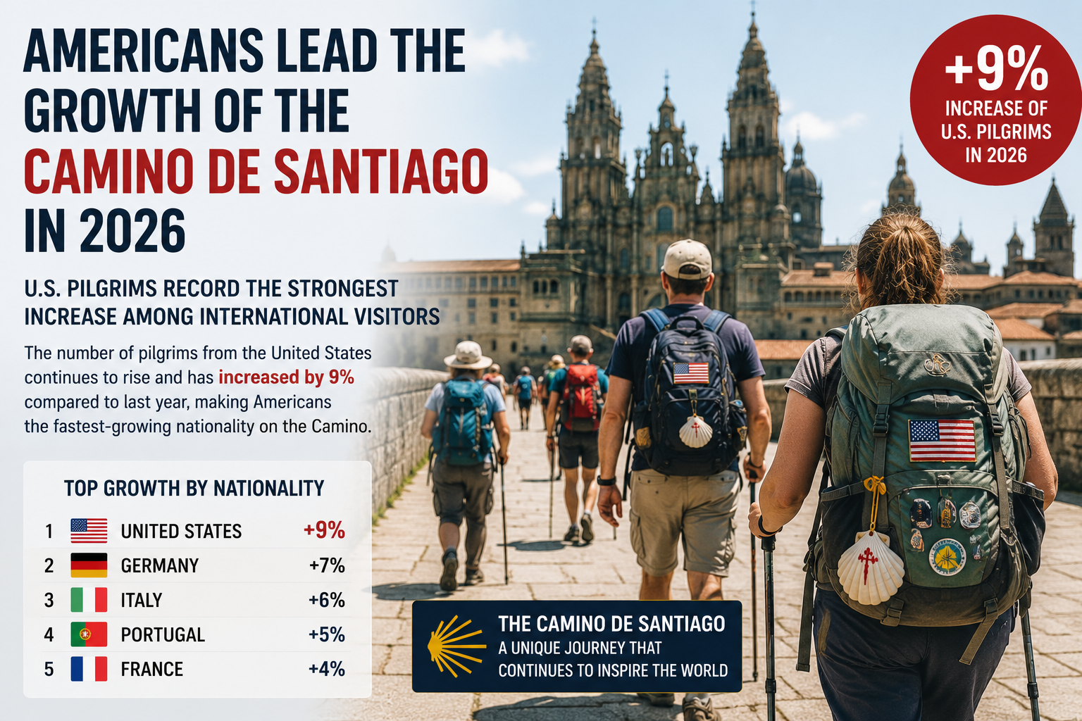 Pilgrims with backpacks walk toward a grand cathedral; large blue and red infographic headline about the Camino de Santiago and a +9% badge in a red circle.