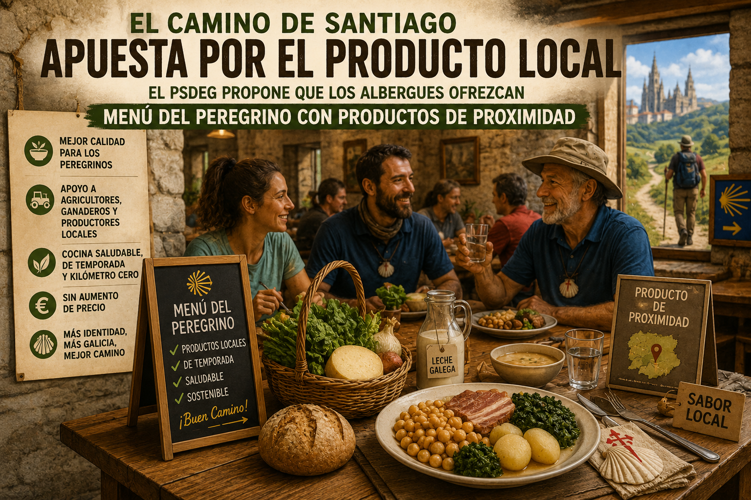 People sharing a meal at a local produce stall with signs promoting Camino de Santiago and local products in Spanish.