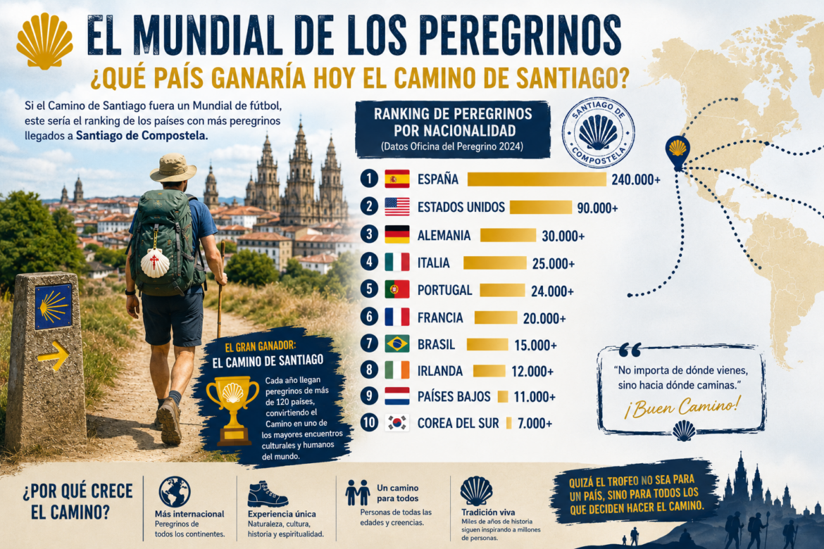 Infographic about the Camino de Santiago: ranking of pilgrims by nationality, Spain leading with 240,000+ and a map on the right.