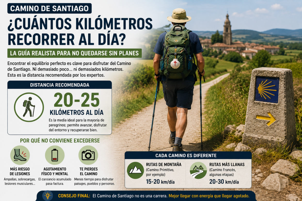 Infografía en español sobre el Camino de Santiago: caminante con mochila en sendero, con datos de distancia recomendada 20-25 km al día y rutas.
