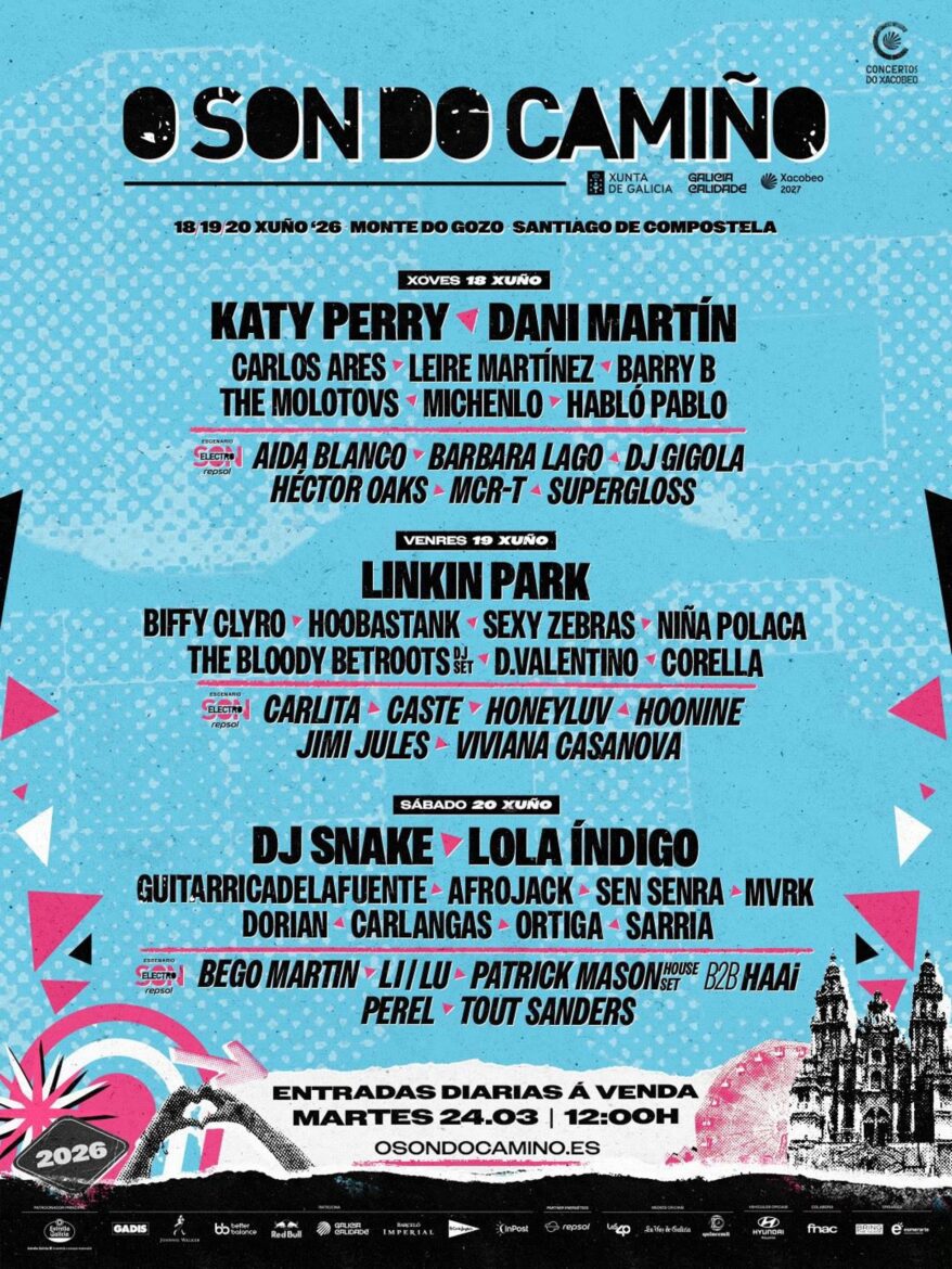 Blue Oson Do Camin o festival poster showing dates and an all-star lineup (Katy Perry, Linkin Park, etc.).